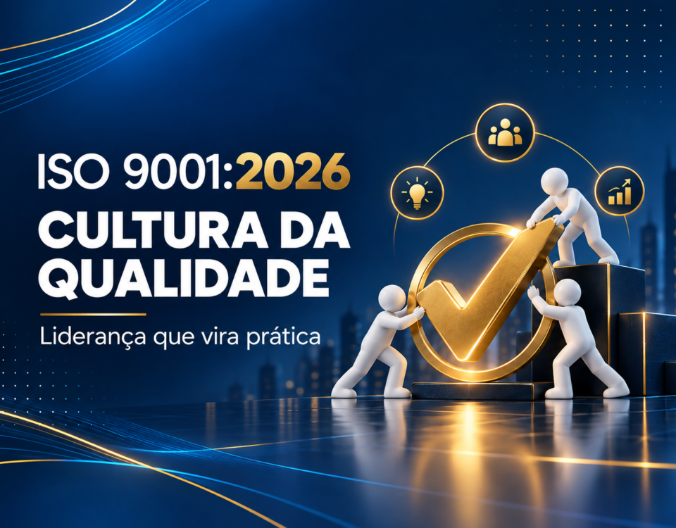 Equipe sustenta uma marca de aprovação, simbolizando cultura da qualidade e liderança na ISO 9001:2026