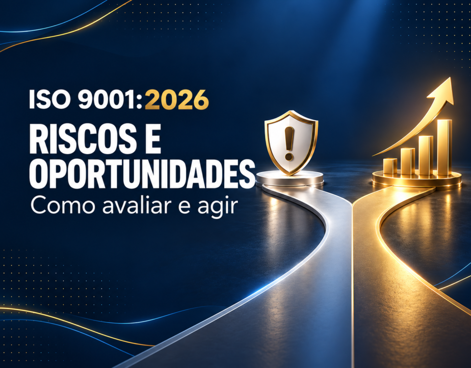 Escudo e seta de crescimento ilustram riscos e oportunidades na ISO 9001:2026