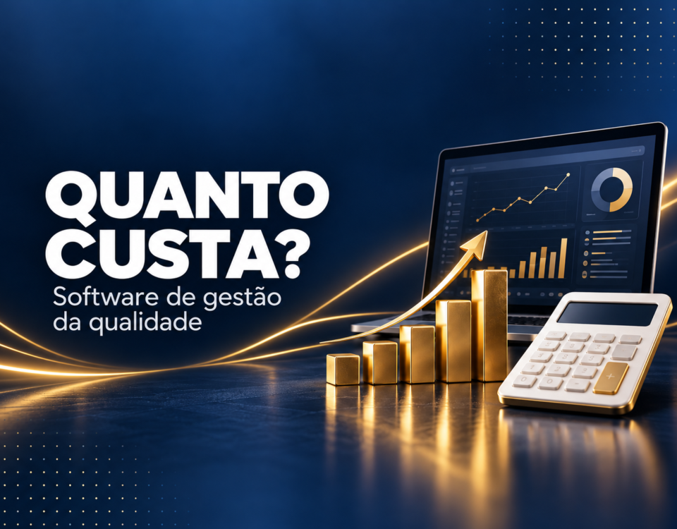 Calculadora e gráfico dourado representam o custo de software de gestão da qualidade