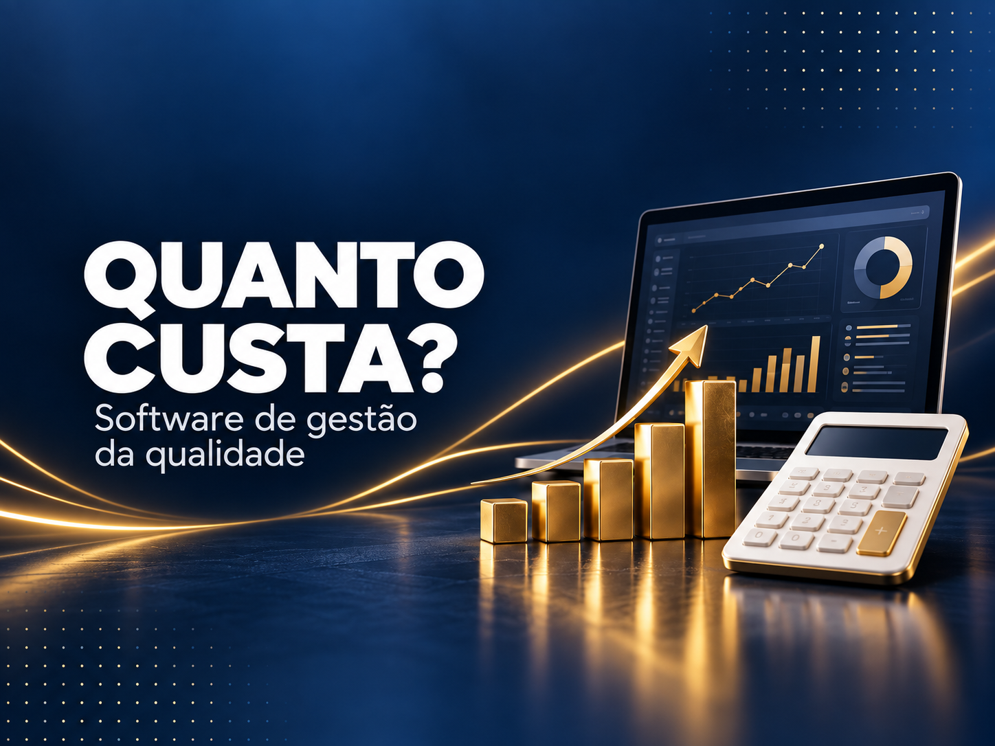 Calculadora e gráfico dourado representam o custo de software de gestão da qualidade