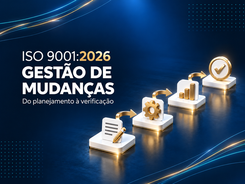 Etapas conectadas por setas douradas representam a gestão de mudanças na ISO 9001:2026