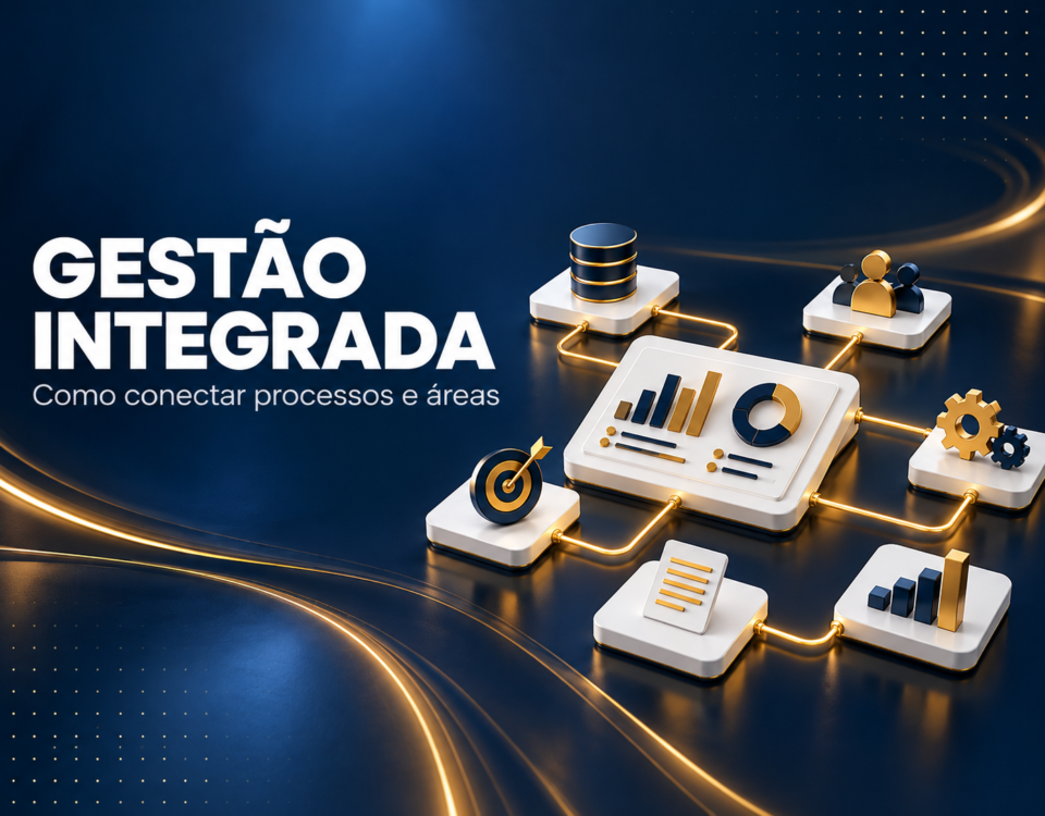 Painel central conectado a pessoas, documentos e indicadores representa a gestão integrada