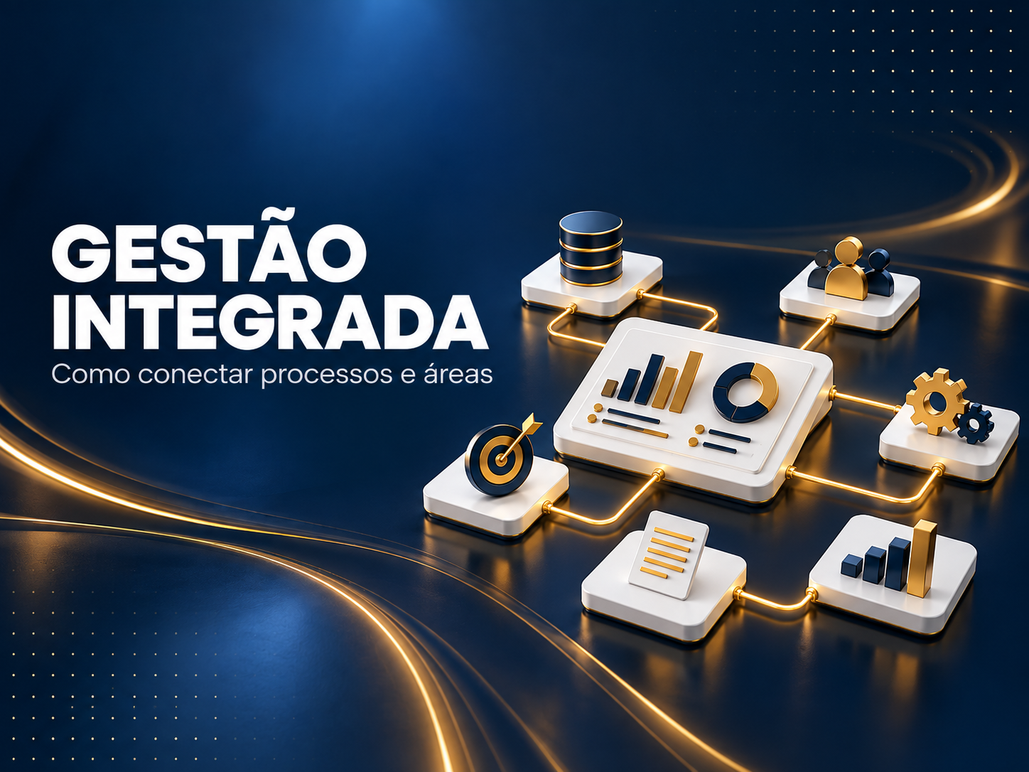 Painel central conectado a pessoas, documentos e indicadores representa a gestão integrada
