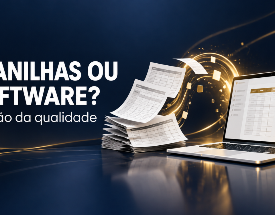 Planilha e computador com símbolo de aprovação representam a escolha de um software de gestão da qualidade